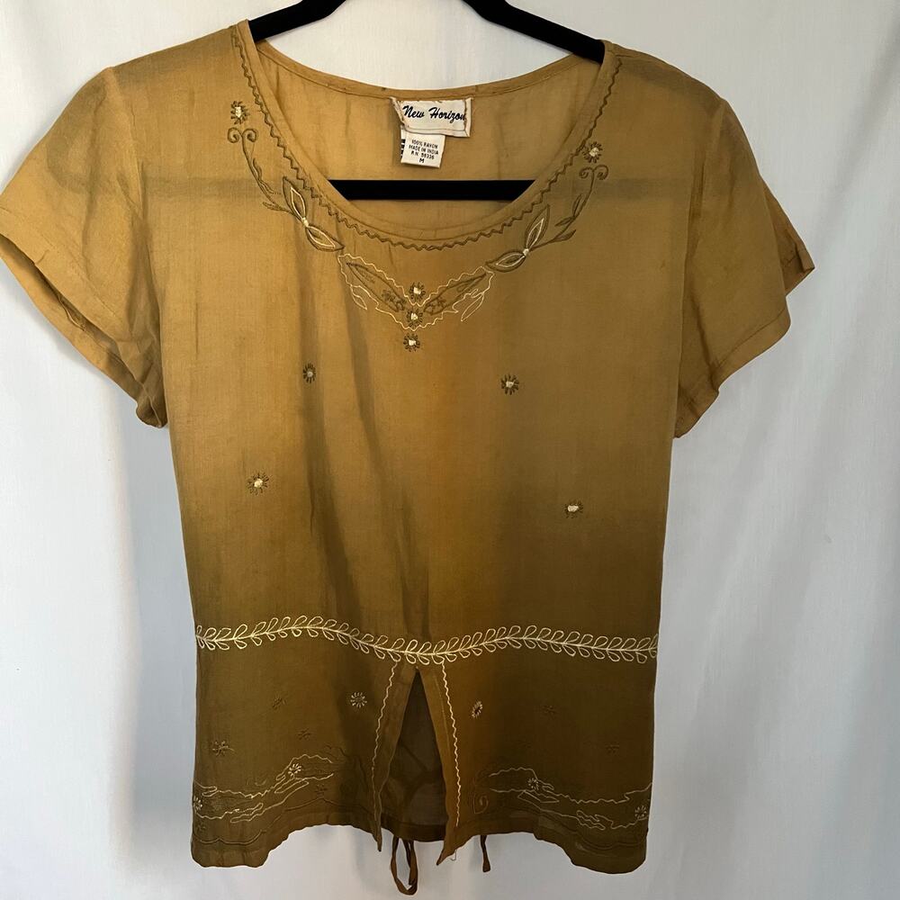 New Horizon top women’s size medium green boho embroidered blouse VTG y2k